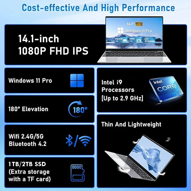 2024 Windows 11 i9 Laptop, Intel Core i9-8950HK, 14.1" 1080P Display, 16GB DDR4, 1TB/2TB SSD, Ultra-Light Business Notebook | tonyfinger store