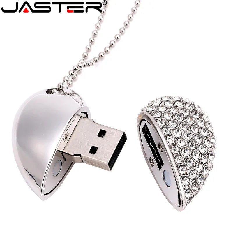 JASTER metal diamond love heart shape USB Flash Drives hearts with chain pendrive 4GB 8GB 16GB 32GB 64GB necklace memory stick