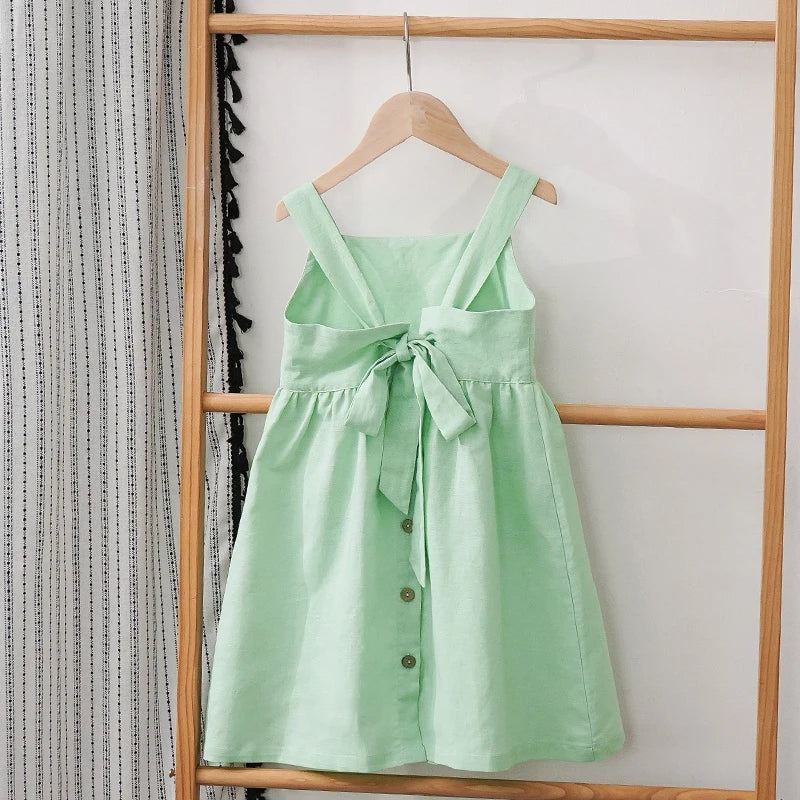 Summer Casual Girls’ Cotton & Linen Suspender Dress | Adjustable Straps & Pockets