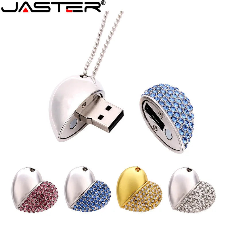 JASTER metal diamond love heart shape USB Flash Drives hearts with chain pendrive 4GB 8GB 16GB 32GB 64GB necklace memory stick