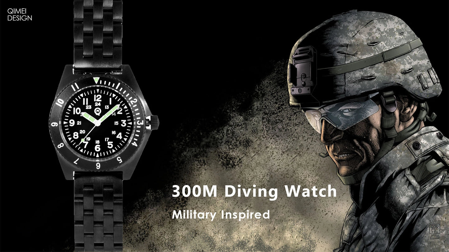 QM "Vietnam" / Platoon US Special Forces UDT Military Men's 300M Diver Super Light C3 Army SM8019BA Without logo Swimming Watch