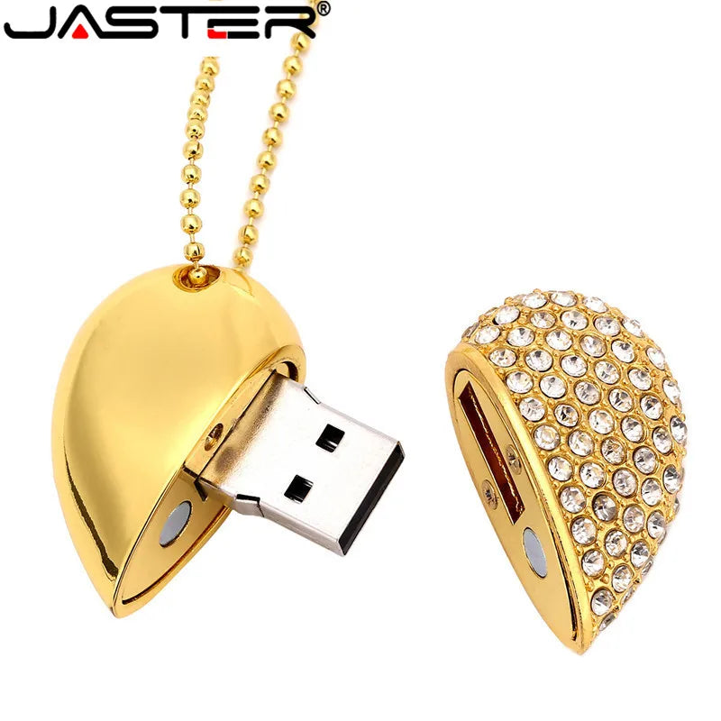 JASTER metal diamond love heart shape USB Flash Drives hearts with chain pendrive 4GB 8GB 16GB 32GB 64GB necklace memory stick