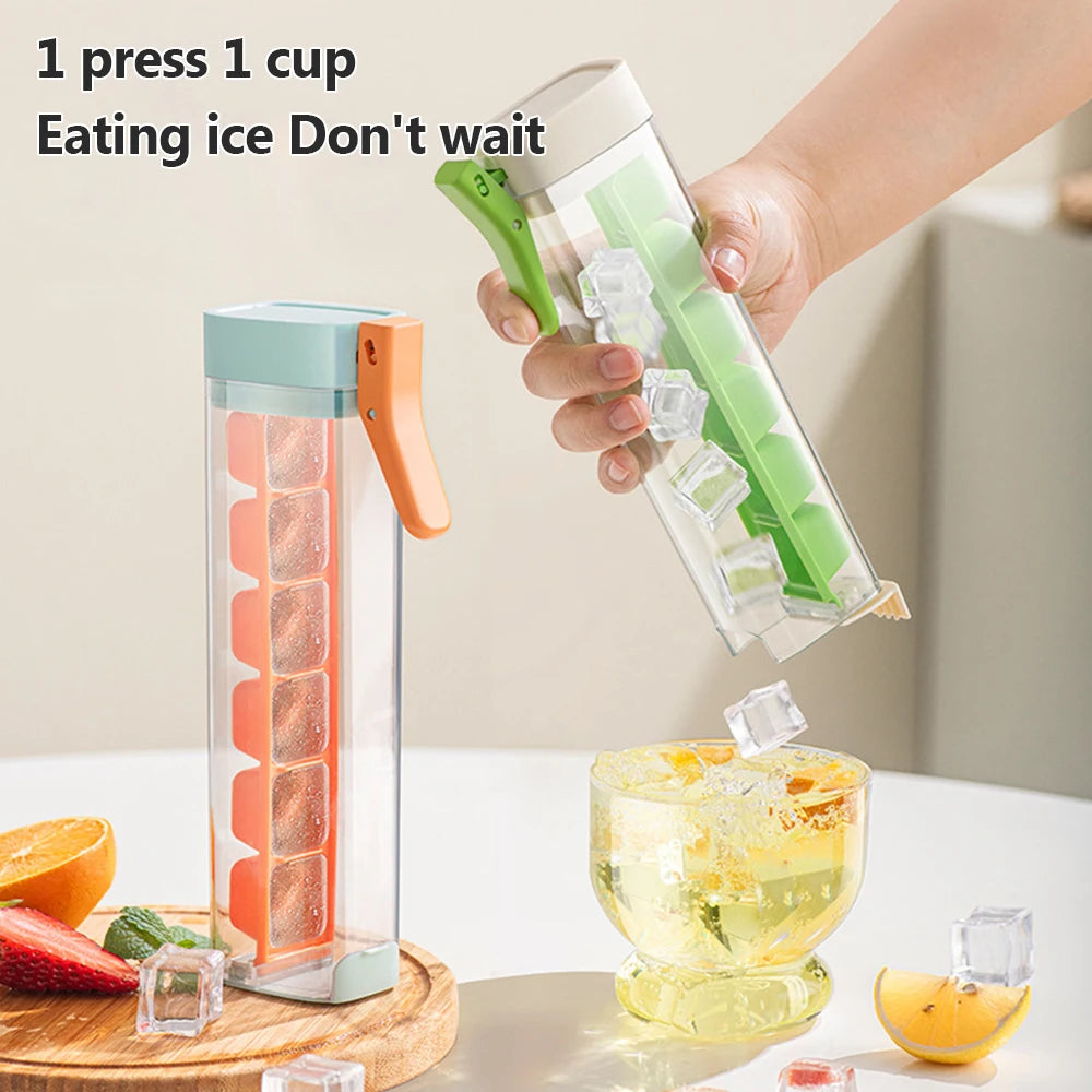 One-Handed Press Ice Cube Tray - Reusable, with Lid for Whiskey & Drinks