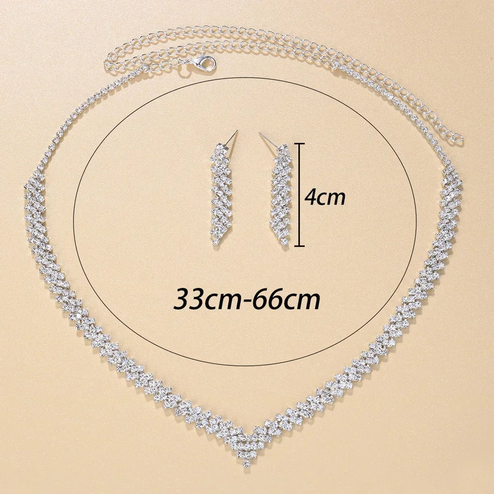 Wedding Lozenge Step Style Rhinestone Necklace Earrings Set For Women Jewelry Silver Plated Choker Tassel Earrings Bridal Gifts
