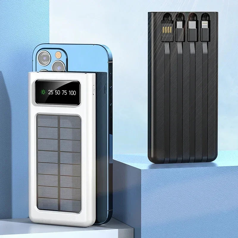 200000mAh Solar Power Bank with 4 Cables for Samsung, Apple, Huawei - Ideal for Outdoor