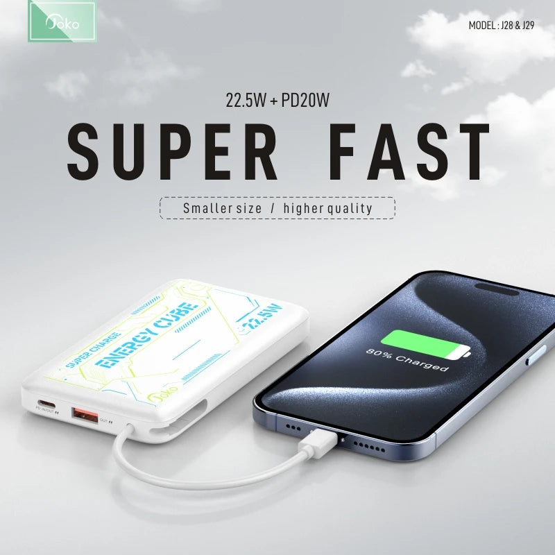 KONFULON Small Size 10000mAh Power Bank 22.5W Fast Charger Spare Battery 20000mAh Capacity Build In USB-C Cable Power Banks