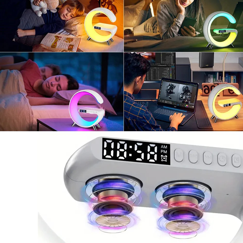 Smart RGB Night Light LED Atmosphere Desk Lamp Multifunction Alarm Clock Speaker APP Control Wireless Charger for Iphone Samsung