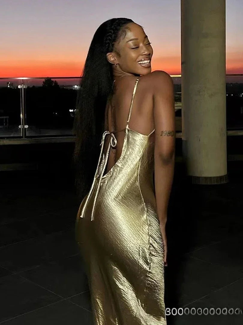 Oligai Elegant Satin Backless Maxi Dress For Women Gown Summer Spaghetti Strap Sleeveless Night Club Party Long Dress Vestido