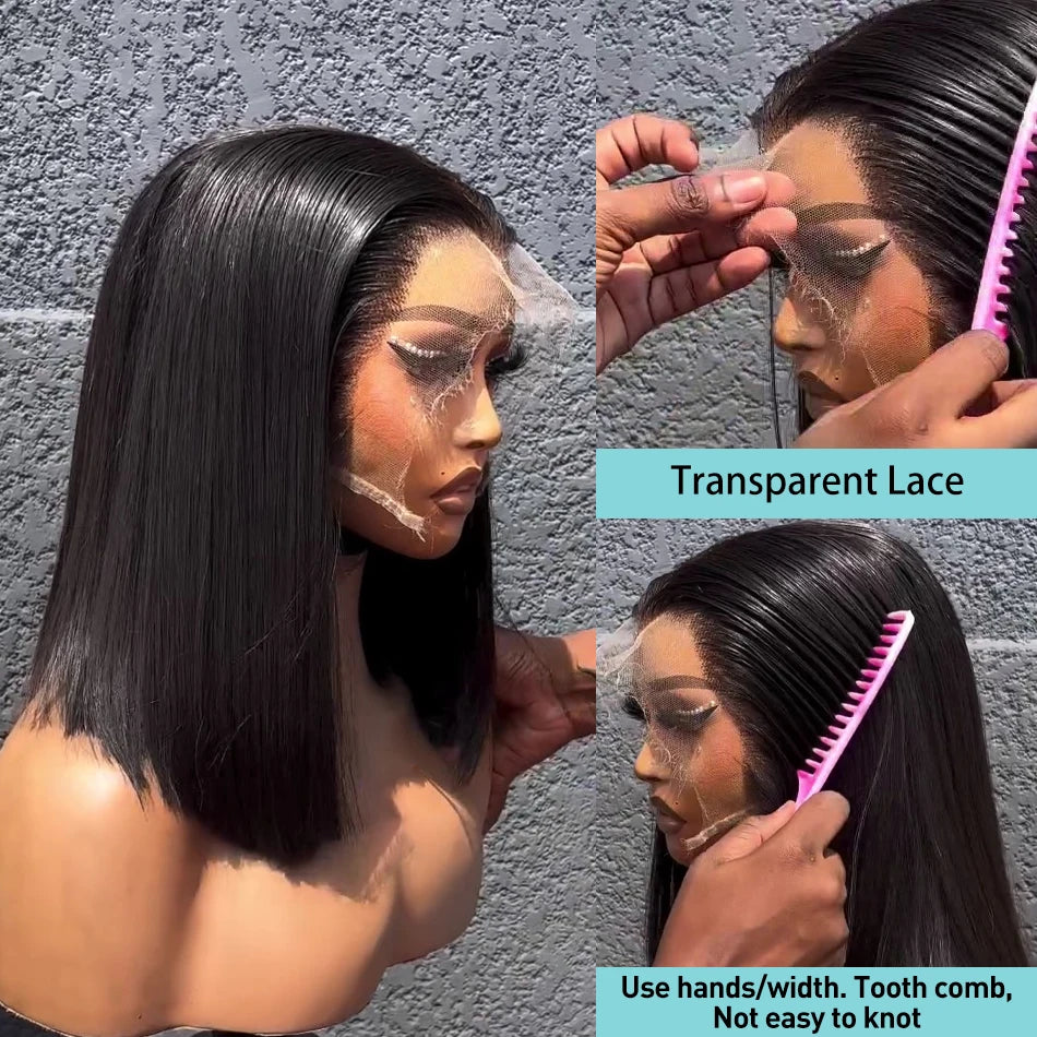 250% Density Short Bob Human Hair Wig - 13x4 Lace Front, HD Transparent, Glueless