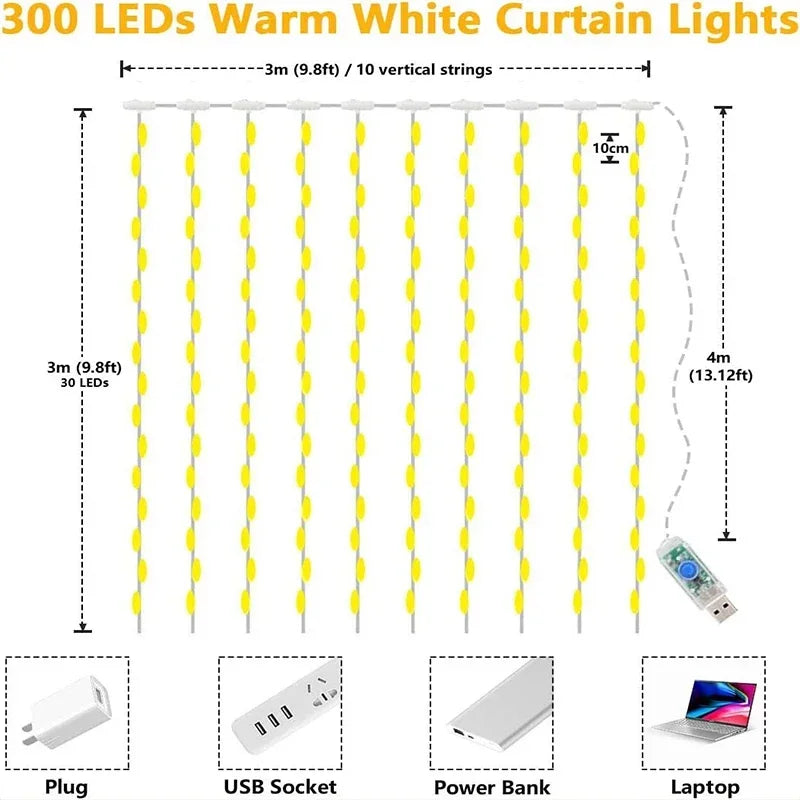 3M USB LED Curtain Fairy Lights - 8 Modes for Home, Garden, Christmas, and Weddings