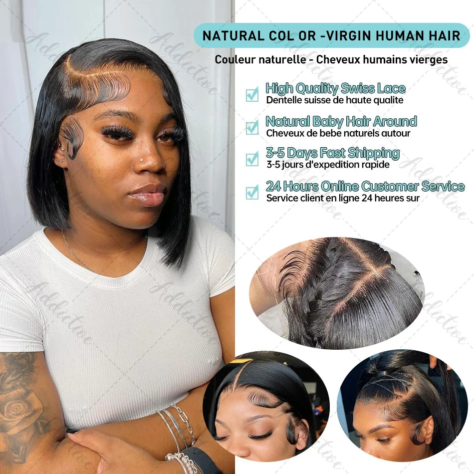 250% Density Short Bob Human Hair Wig - 13x4 Lace Front, HD Transparent, Glueless