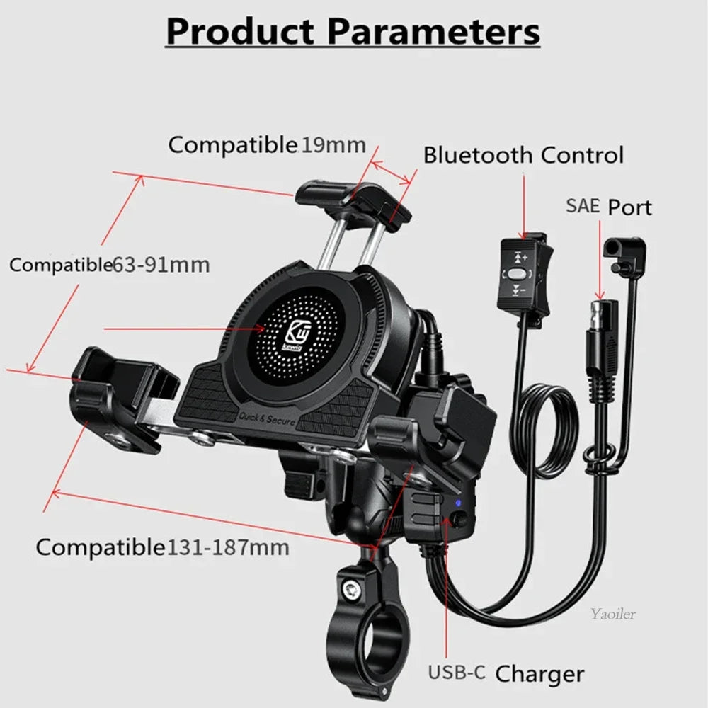 Motorcycle Phone Holder Qi 15W Wireless Charger and USB C 36W Fast Charging Anti-Theft Handblebar Mirror with Vibration Dampener