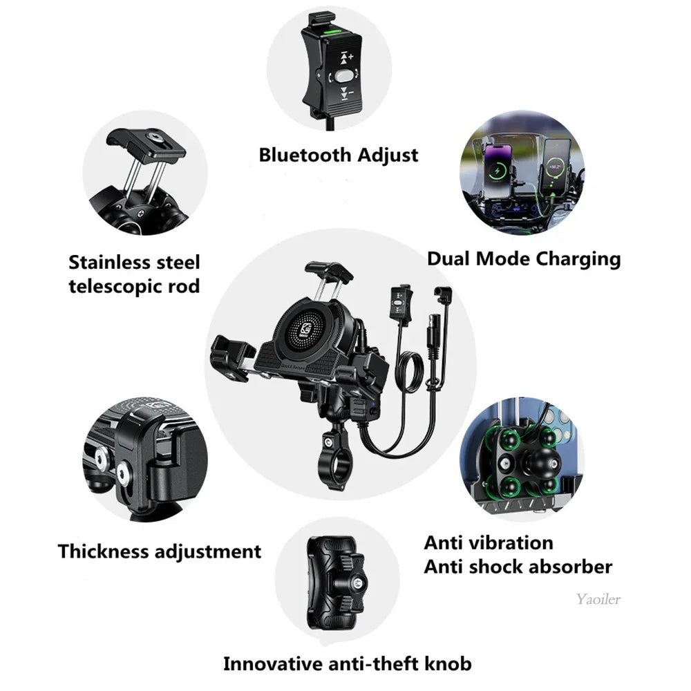 Motorcycle Phone Holder Qi 15W Wireless Charger and USB C 36W Fast Charging Anti-Theft Handblebar Mirror with Vibration Dampener