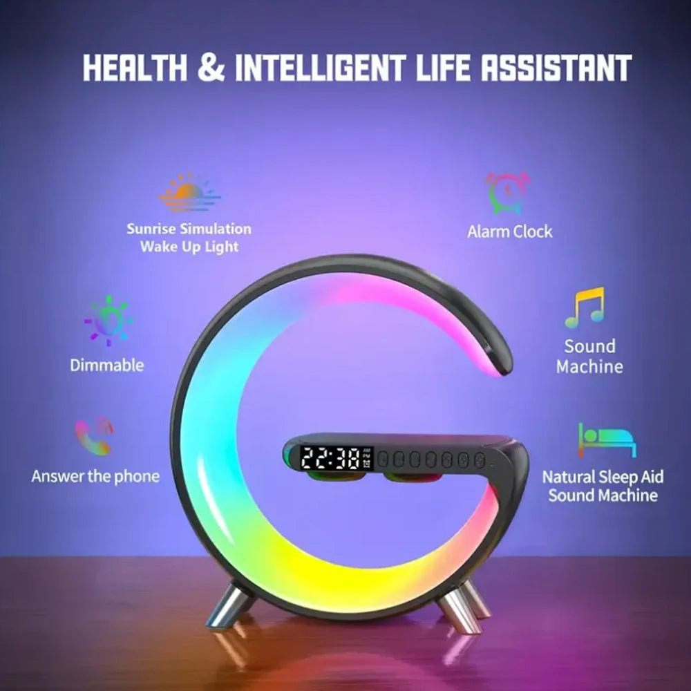 Smart RGB Night Light LED Atmosphere Desk Lamp Multifunction Alarm Clock Speaker APP Control Wireless Charger for Iphone Samsung