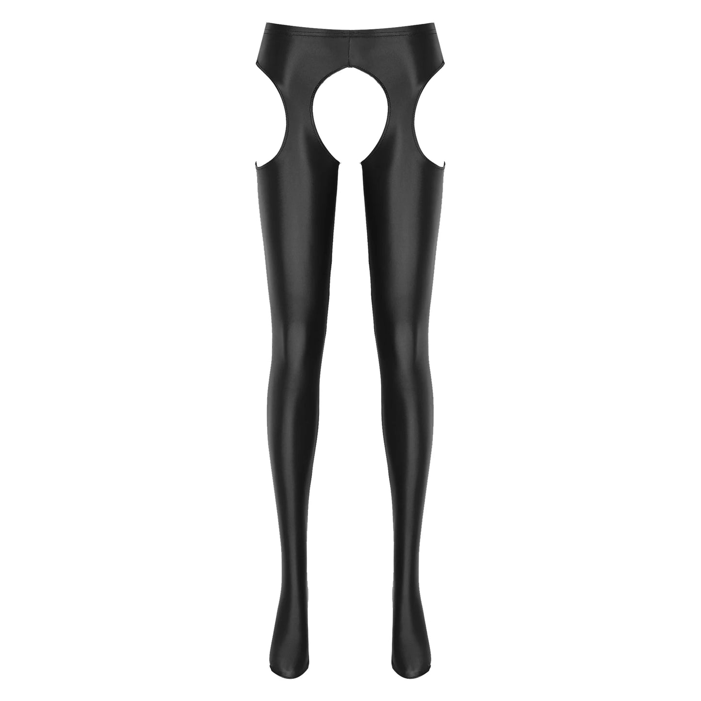 Women Glossy Hollow Out Crotchless Sexy Porn Pantyhose Mid Waist Tights Cutout Open Crotch Leggings Solid Color Footed Stocking