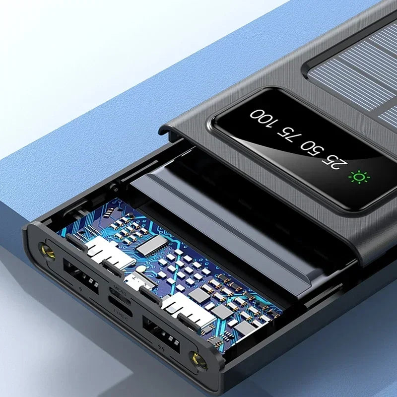 High-Capacity Solar Power Bank with 4 Cables: Samsung, Apple, Huawei Compatible