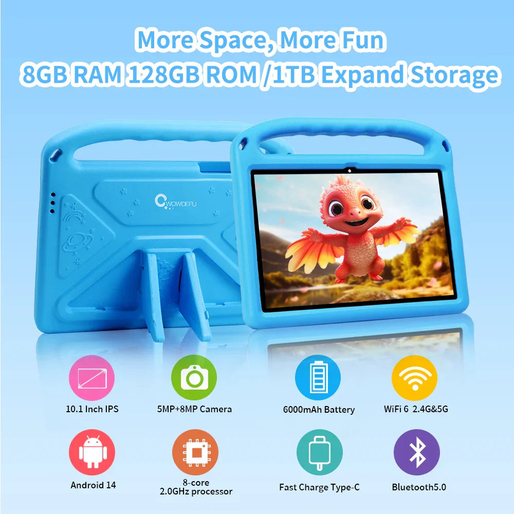 Cwowdefu C18W Kids Tablet 8GB 128GB A523 Octa Core 10.1 HD+ Display 6000mAh WIFI-5G Android 14 Tablets for Children Girls 2024