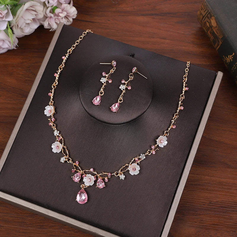 Crystal Flower Rhinestone Choker & Earrings Set - Wedding Tiara Jewelry for Women