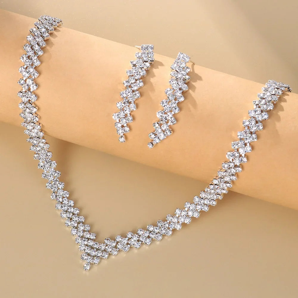 Wedding Lozenge Step Style Rhinestone Necklace Earrings Set For Women Jewelry Silver Plated Choker Tassel Earrings Bridal Gifts
