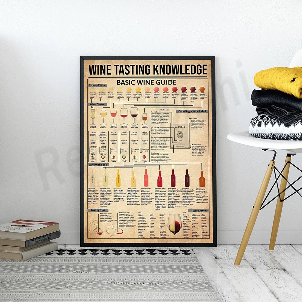 Wine Tasting Knowledge, Essential Wine Guide, Wine Chart Poster, Kitchen Bar Wall Decor Canvas Painting, Wine Lover Gift