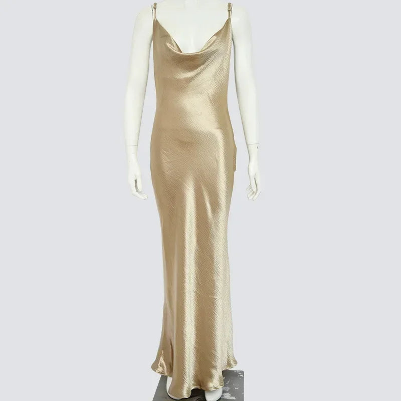 Oligai Elegant Satin Backless Maxi Dress For Women Gown Summer Spaghetti Strap Sleeveless Night Club Party Long Dress Vestido