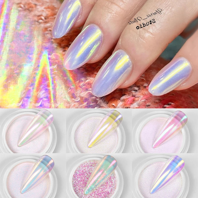 NICOLE DIARY White Chrome Nail Powder Glitter Aurora Mirror White Rubbing Pigment Dust Manicure Nail Accessories Decoration DIY
