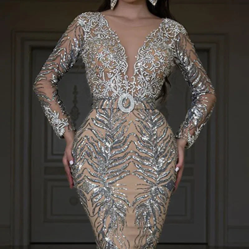 Sexy Sequin V-Neck Long Sleeve Evening Gown for Women
