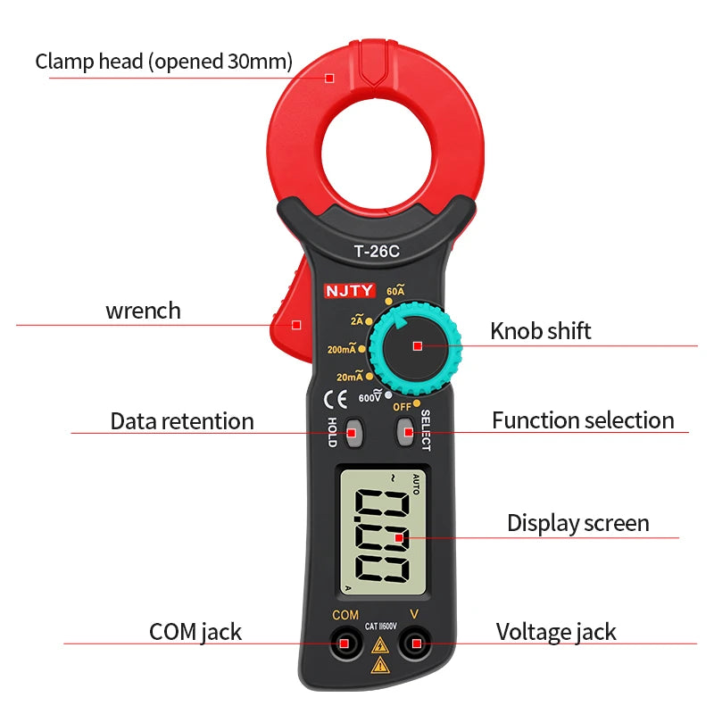 NJTY T-26C Professional Leakage Current Test Digital Clamp Meter 20mA~60A Leakage Detection precision current 0.01A Auto Range