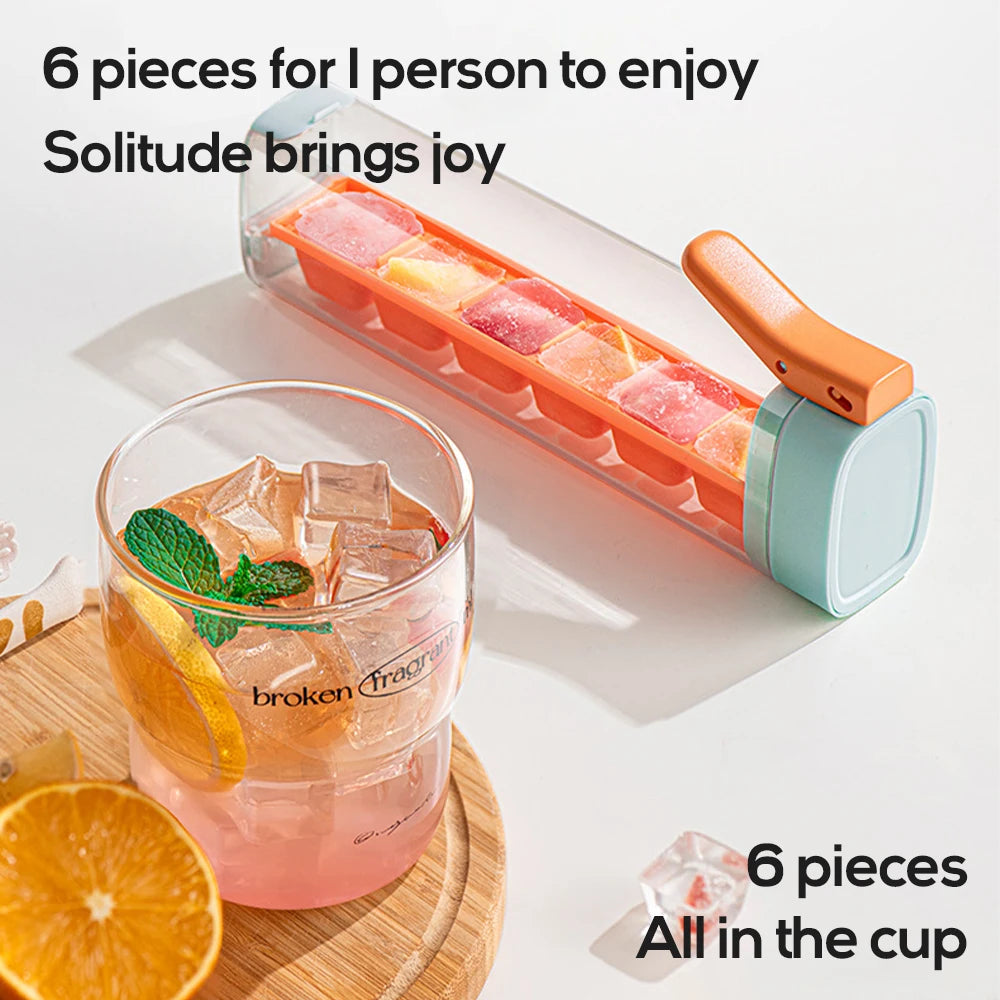 One-Handed Press Ice Cube Tray - Reusable, with Lid for Whiskey & Drinks