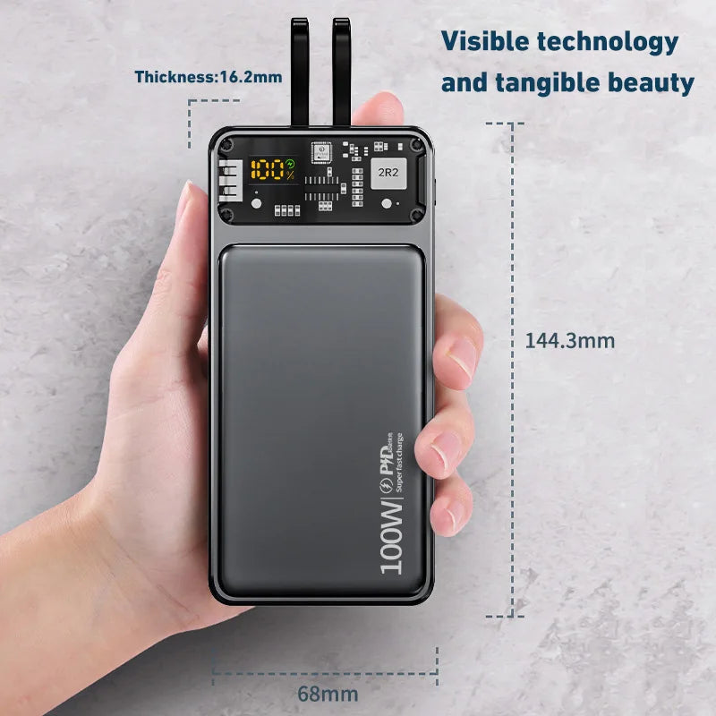 Xiaomi Large Capacity Power Bank With Cables 100W Super Fast Charging Powerbank Portable For iPhone Samsung External Battery