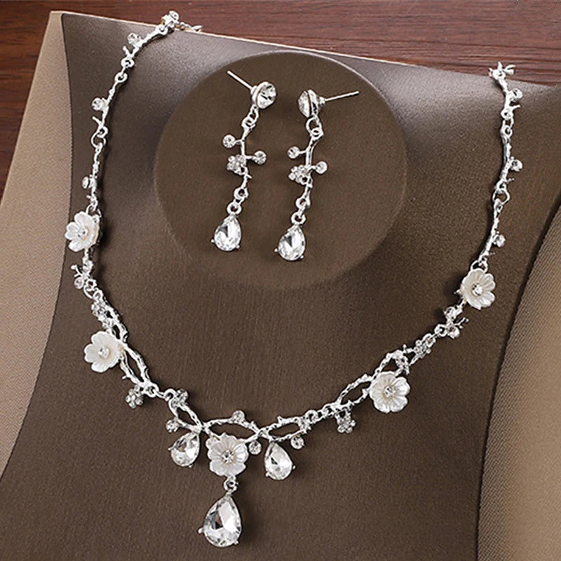 Crystal Flower Rhinestone Choker & Earrings Set - Wedding Tiara Jewelry for Women