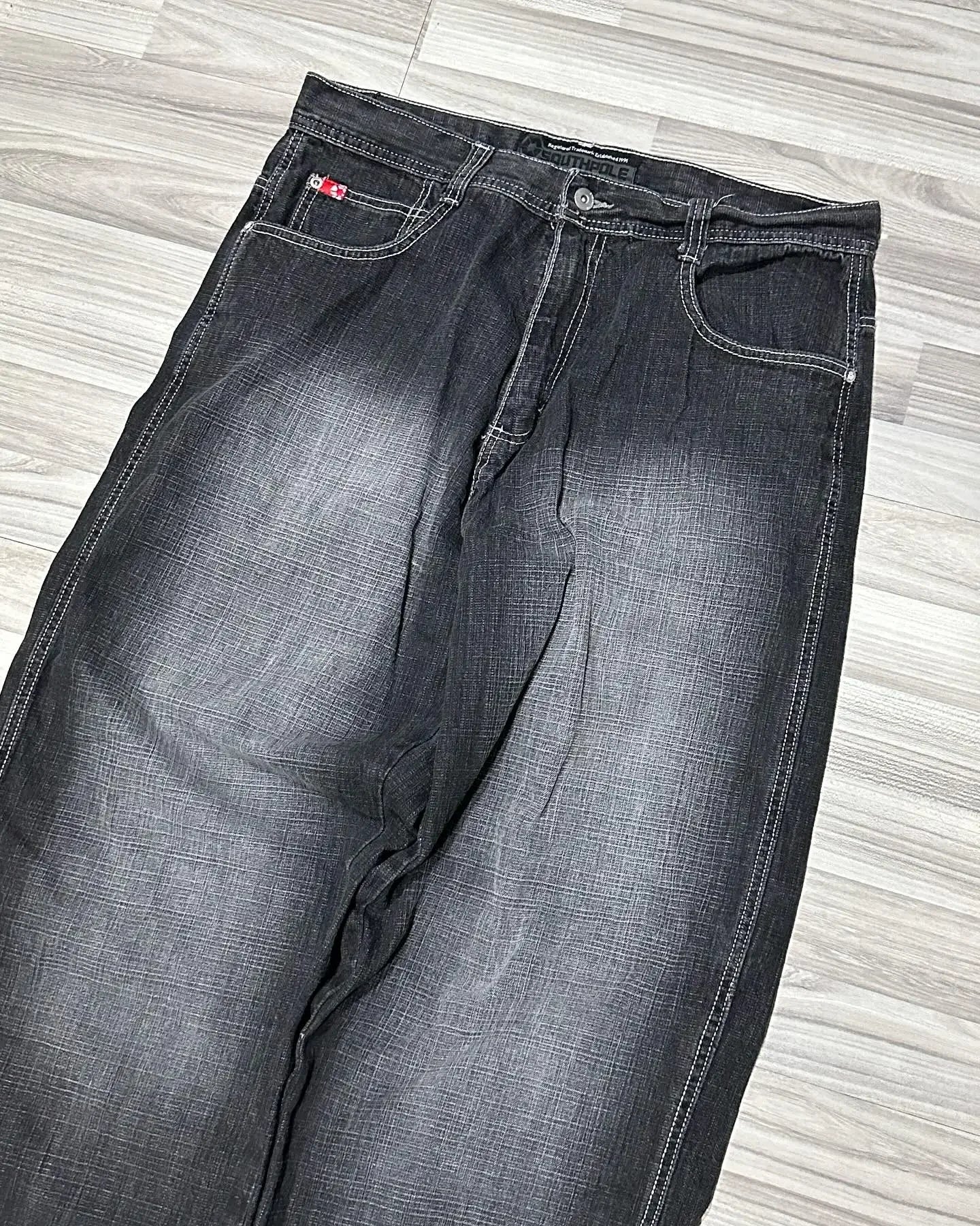 Y2K new SOUTHPOLE women's jeans Harajuku hip-hop black pants washed and ground white baggy jeans Gothic wide pants Street wear