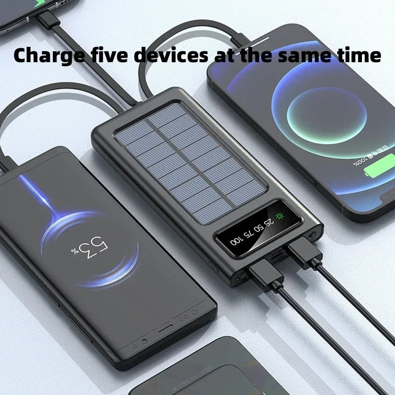 200000mAh Solar Power Bank with 4 Cables for Samsung, Apple, Huawei - Ideal for Outdoor