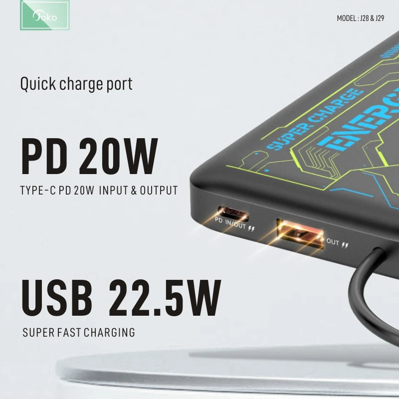 KONFULON Small Size 10000mAh Power Bank 22.5W Fast Charger Spare Battery 20000mAh Capacity Build In USB-C Cable Power Banks