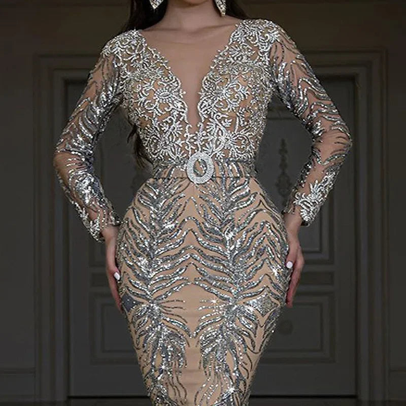 Sexy Sequin V-Neck Long Sleeve Evening Gown for Women