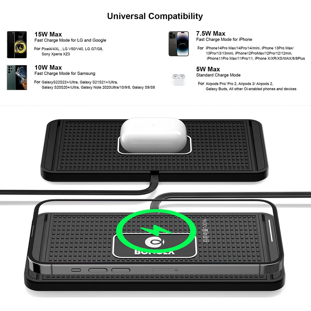 Bonola Car Wireless Charger: Qi Charging Pad for iPhone 12-15, Samsung, Huawei