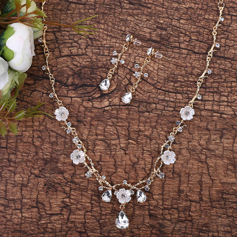 Crystal Flower Rhinestone Choker & Earrings Set - Wedding Tiara Jewelry for Women