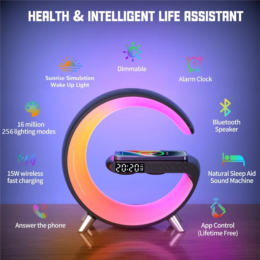 Large Size Big G Wireless Charger Stand LED RGB Light Desk Lamp Speaker APP Control For iPhone Samsung Fast Charging Station