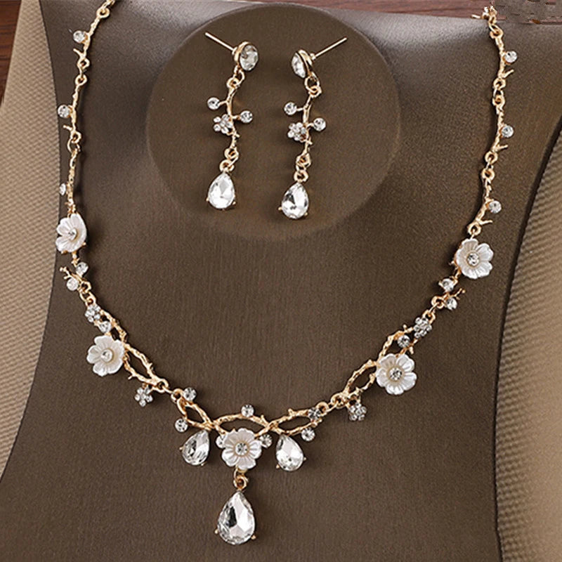 Crystal Flower Rhinestone Choker & Earrings Set - Wedding Tiara Jewelry for Women