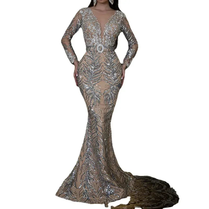 Sexy Sequin V-Neck Long Sleeve Evening Gown for Women