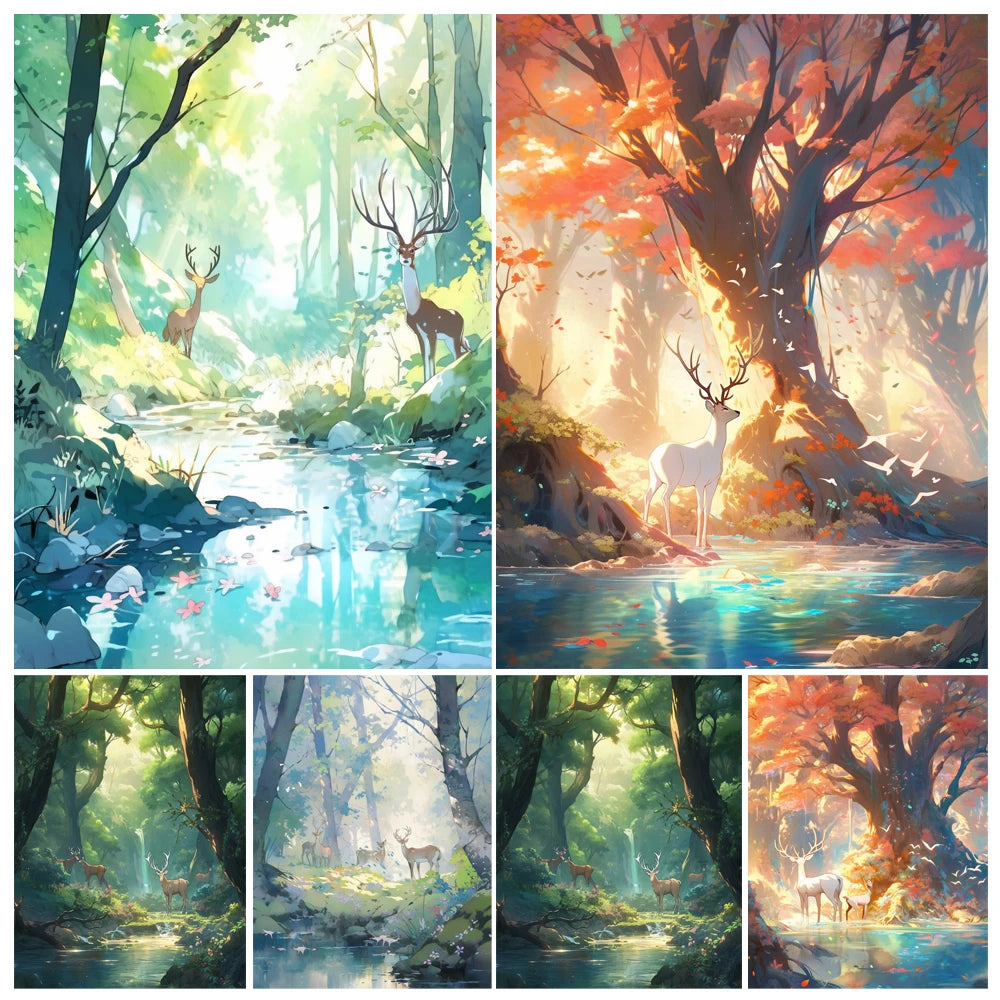 Hand Painting Deer In The Woods Landscape Animal Acrylic Painting By Numbers Kit DIY Artwork Canva Art GiftHome Decoration Gift