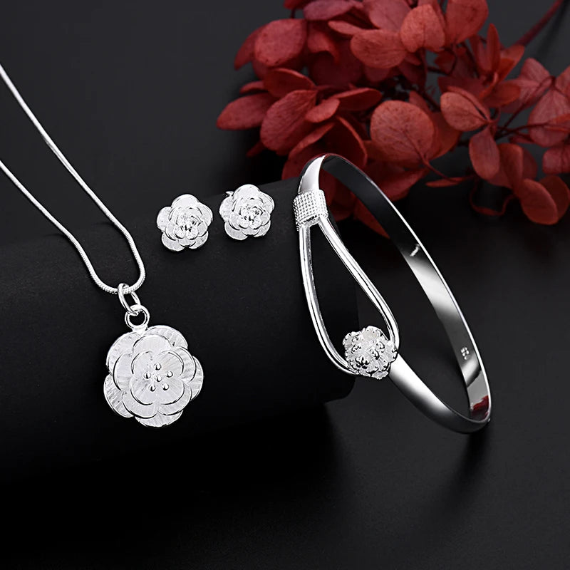 925 Sterling Silver Flower Jewelry Set - Necklace, Earrings, Bangle for Women, Retro Wedding Gift
