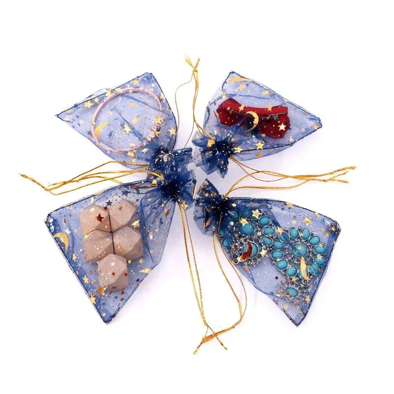 50pcs/lot Star Moon Organza Jewelry Bags Tulle Sheer Sachets Drawstring Gift Bag Wedding Party Favor Pouches Jewelry Organizer