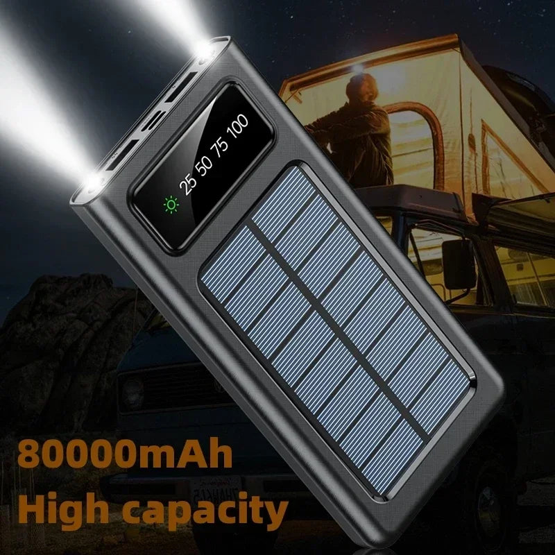 High-Capacity Solar Power Bank with 4 Cables: Samsung, Apple, Huawei Compatible