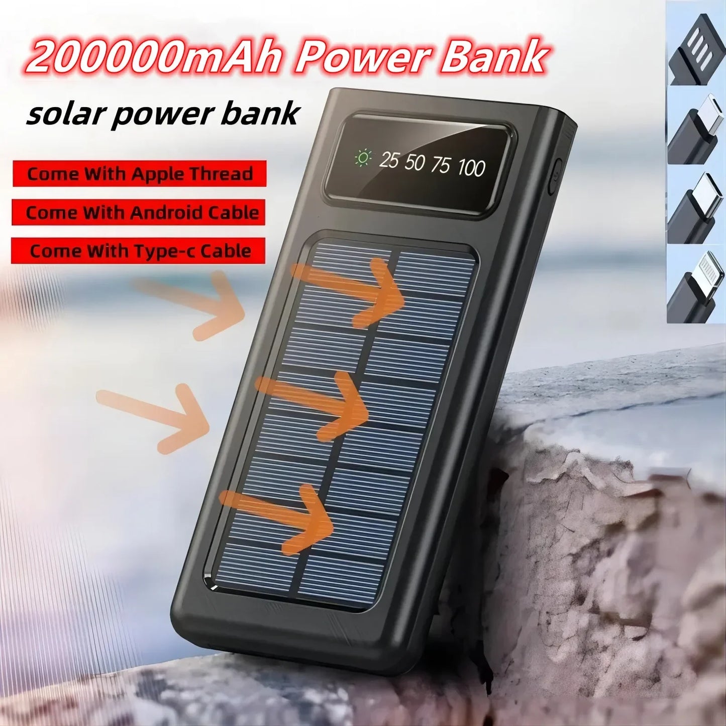 High-Capacity Solar Power Bank with 4 Cables: Samsung, Apple, Huawei Compatible