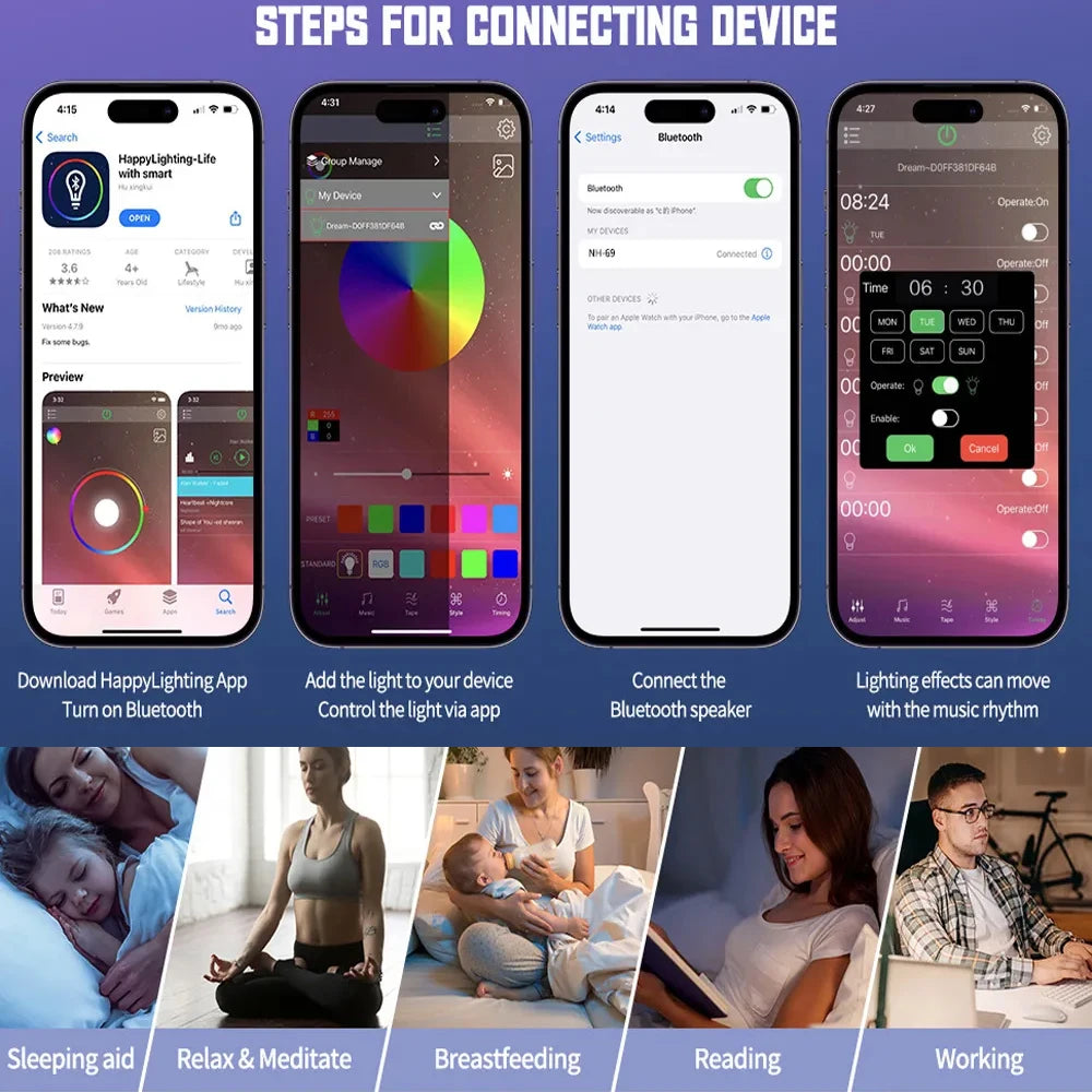 Smart RGB Night Light LED Atmosphere Desk Lamp Multifunction Alarm Clock Speaker APP Control Wireless Charger for Iphone Samsung