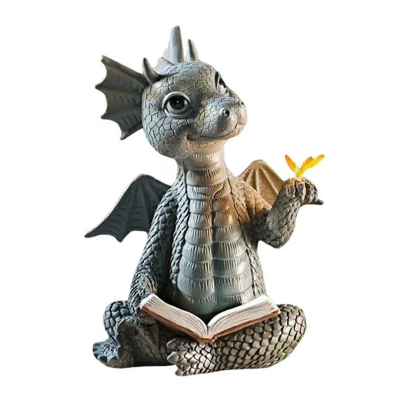 “Cute Dragon Dinosaur Reading Sculpture - Garden & Home Resin Decor”