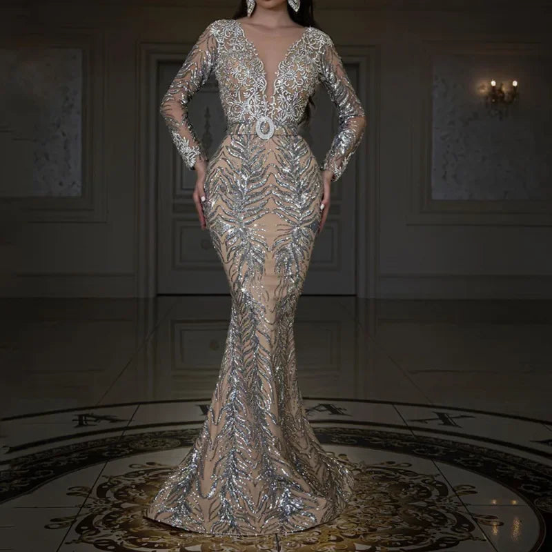 Sexy Sequin V-Neck Long Sleeve Evening Gown for Women