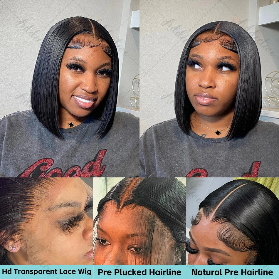 250% Density Short Bob Human Hair Wig - 13x4 Lace Front, HD Transparent, Glueless