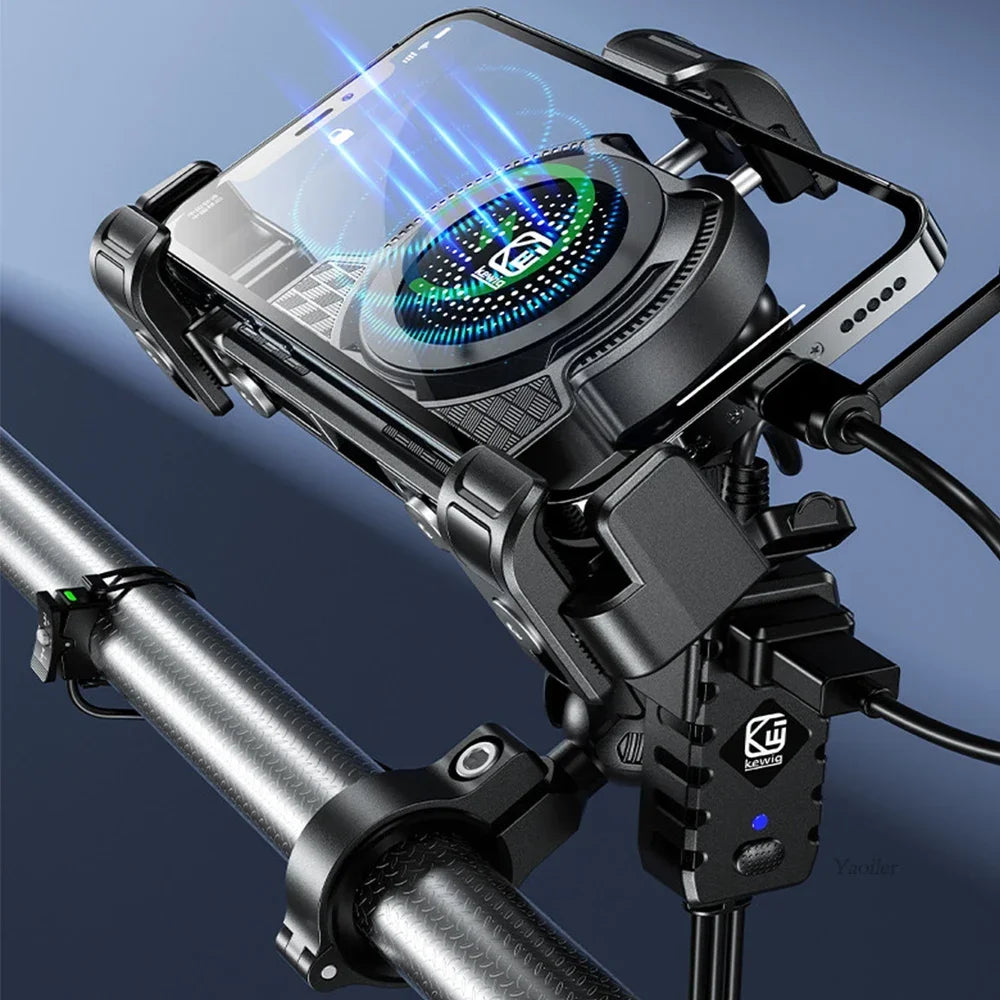 Motorcycle Phone Holder Qi 15W Wireless Charger and USB C 36W Fast Charging Anti-Theft Handblebar Mirror with Vibration Dampener
